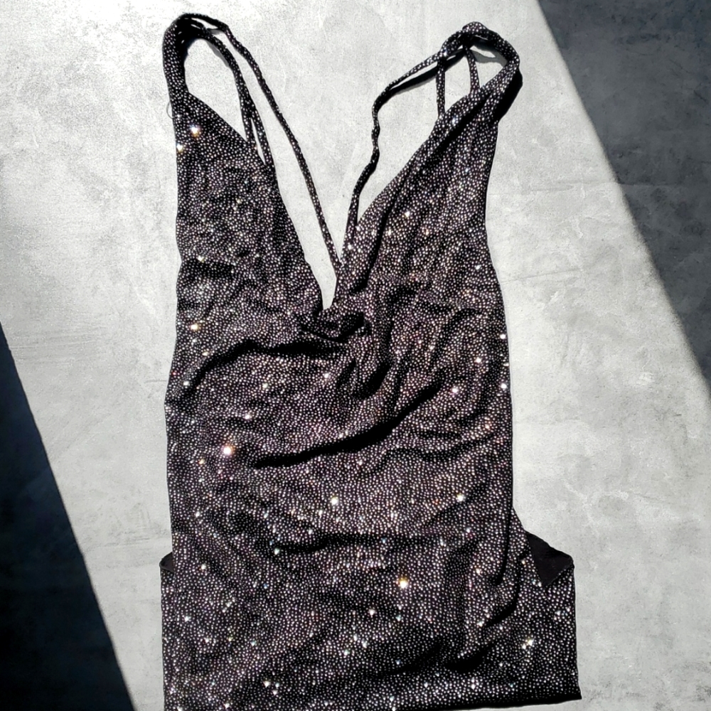 NWT CHASER Glitter Strappy Cowl Neck Black Top Large